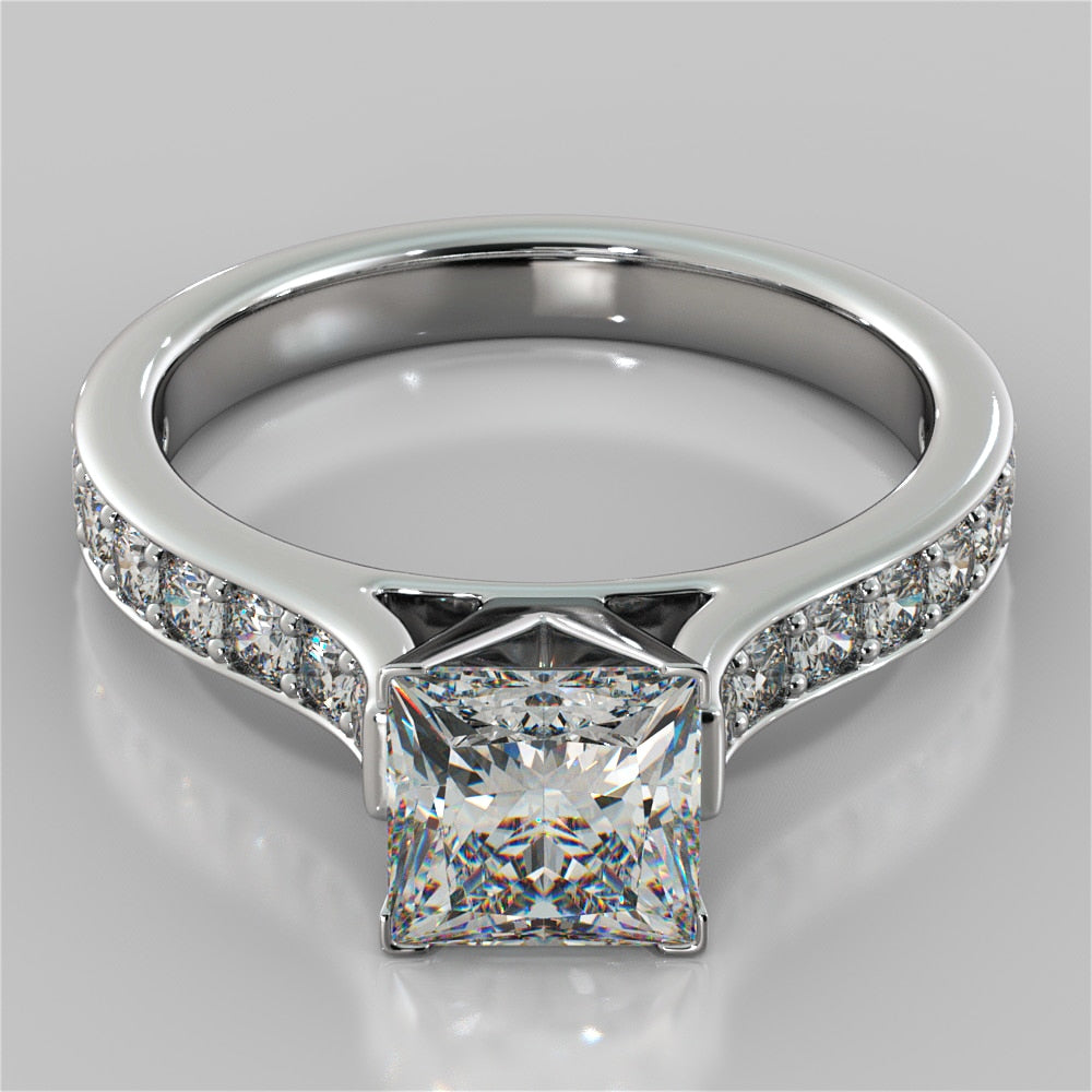 Princess Cut Cathedral Style Channel Engagement Ring With Accents