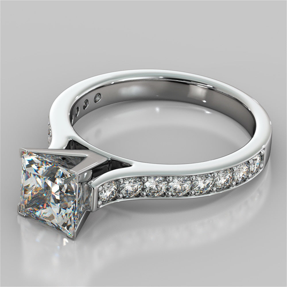 Lab Grown Diamond Princess Cut Cathedral Style Channel Engagement Ring With Accents