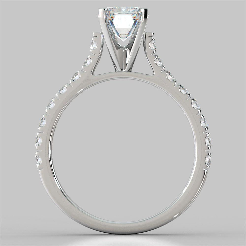 3.0Ct Lab Grown Diamond Emerald Cut Cathedral Scallop Style Engagement Ring With Accents VS1 - E Color