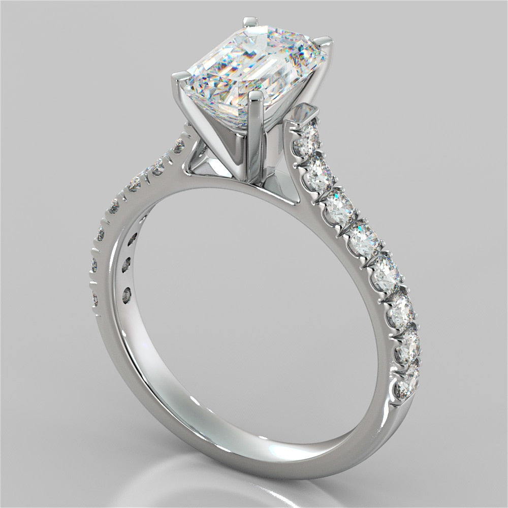 3.0Ct Lab Grown Diamond Emerald Cut Cathedral Scallop Style Engagement Ring With Accents VS1 - E Color