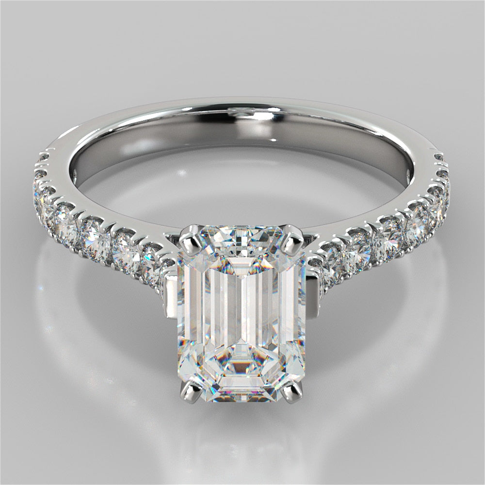 3.0Ct Lab Grown Diamond Emerald Cut Cathedral Scallop Style Engagement Ring With Accents VS1 - E Color