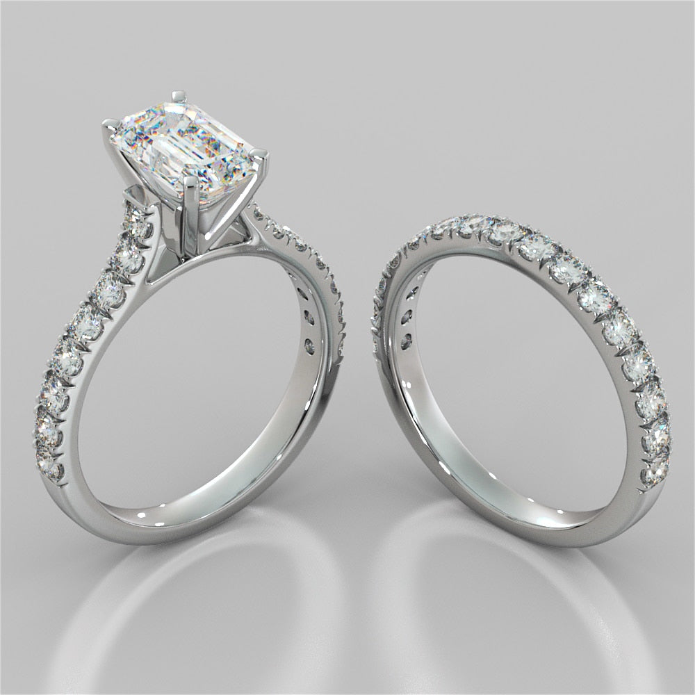 3.0Ct Lab Grown Diamond Emerald Cut Cathedral Scallop Style Engagement Ring With Accents VS1 - E Color