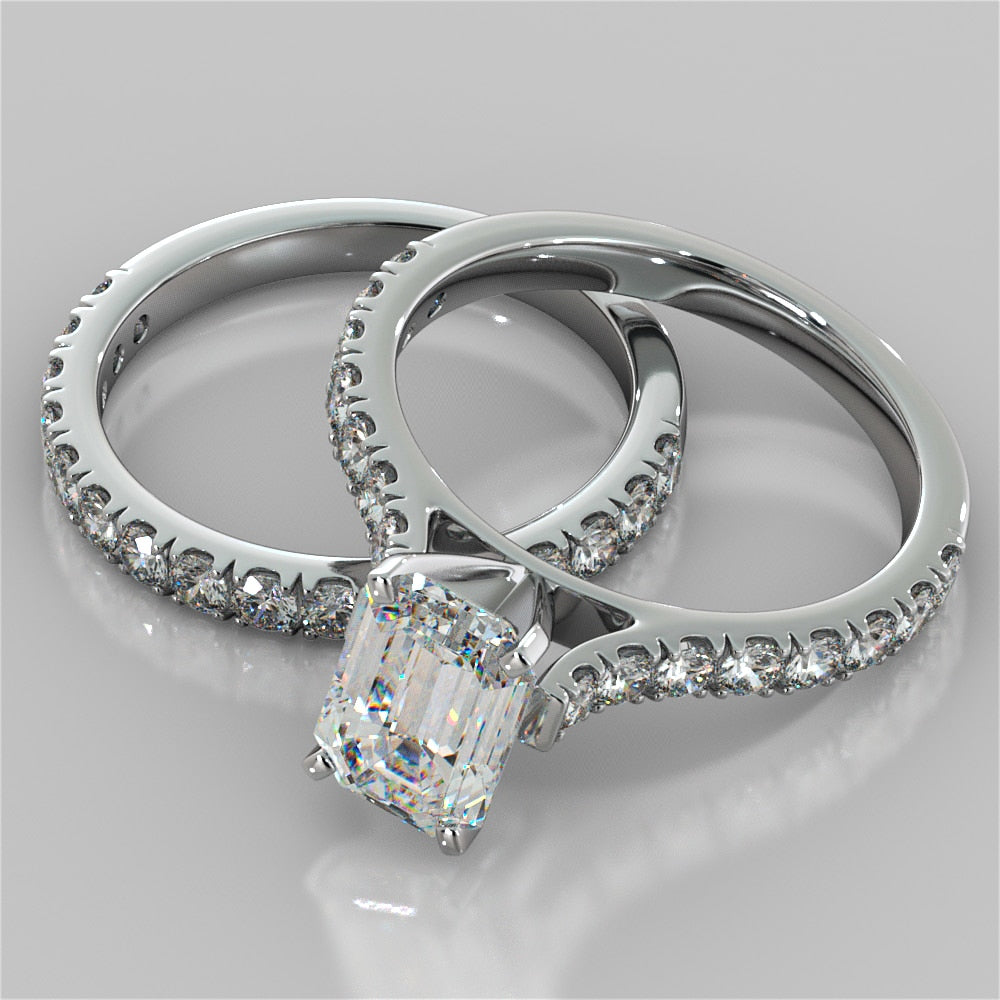 3.0Ct Lab Grown Diamond Emerald Cut Cathedral Scallop Style Engagement Ring With Accents VS1 - E Color