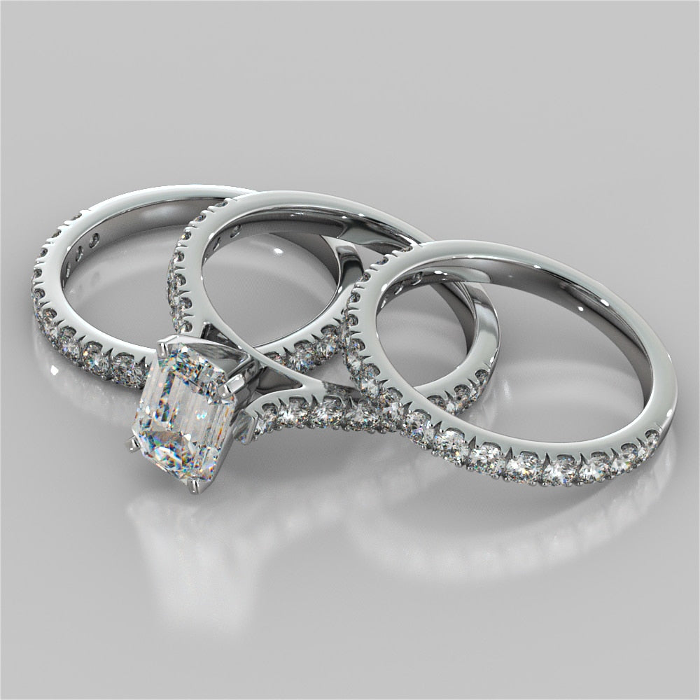 3.0Ct Lab Grown Diamond Emerald Cut Cathedral Scallop Style Engagement Ring With Accents VS1 - E Color