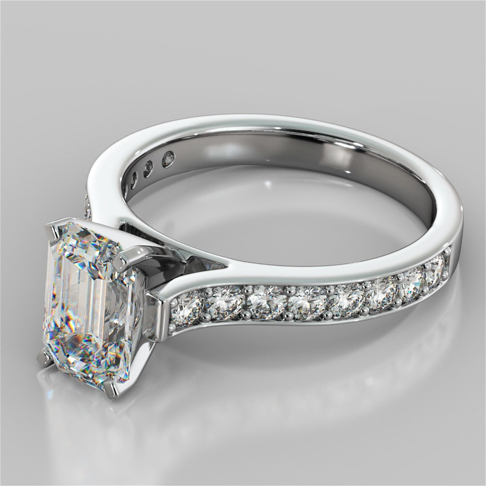 Lab Grown Diamond Emerald Cut Cathedral Style Channel Engagement Ring With Accents