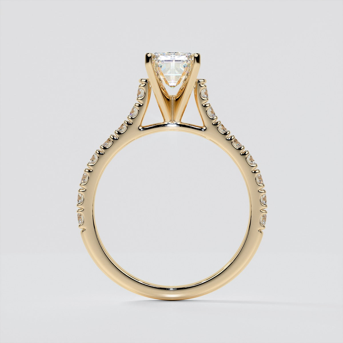Lab Grown Diamond Emerald Cut Cathedral Scallop Style Engagement Ring With Accents