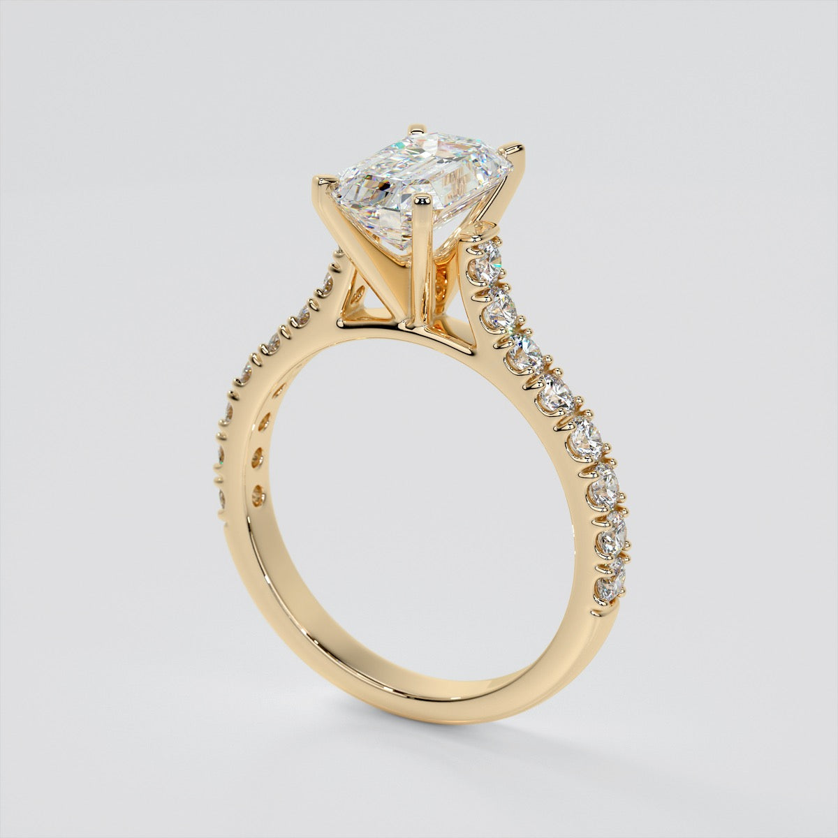 Lab Grown Diamond Emerald Cut Cathedral Scallop Style Engagement Ring With Accents