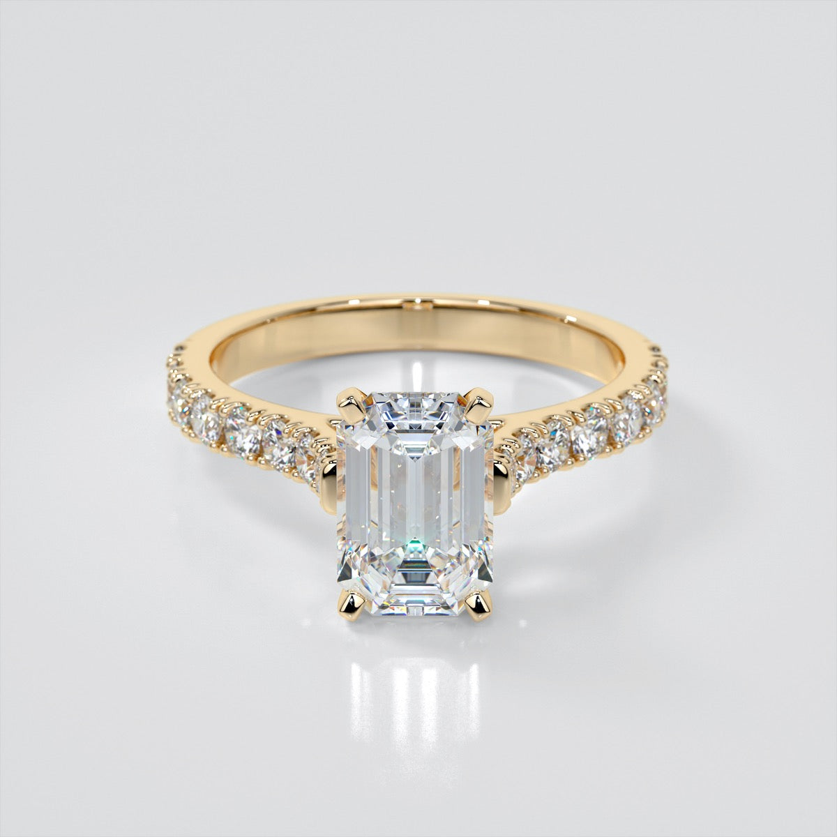 3.0Ct Lab Grown Diamond Emerald Cut Cathedral Scallop Style Engagement Ring With Accents VS1 - E Color