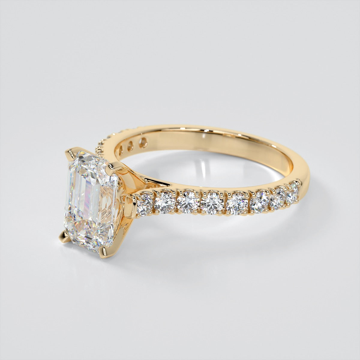 Lab Grown Diamond Emerald Cut Cathedral Scallop Style Engagement Ring With Accents