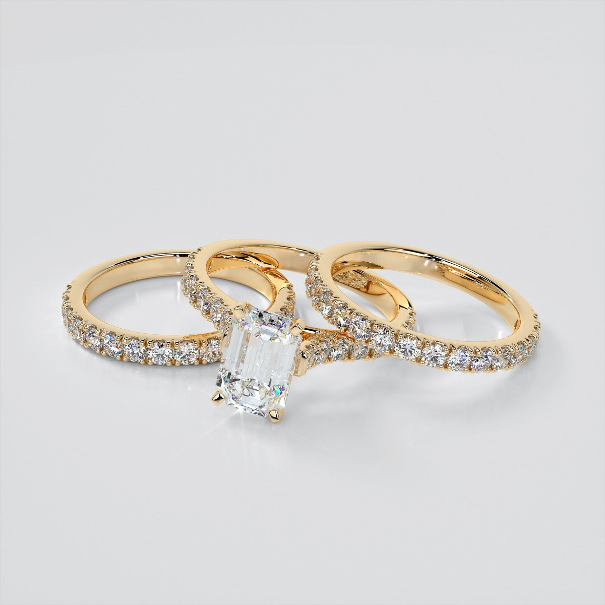 3.0Ct Lab Grown Diamond Emerald Cut Cathedral Scallop Style Engagement Ring With Accents VS1 - E Color