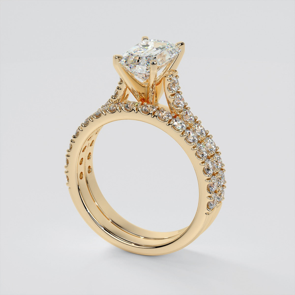 3.0Ct Lab Grown Diamond Emerald Cut Cathedral Scallop Style Engagement Ring With Accents VS1 - E Color