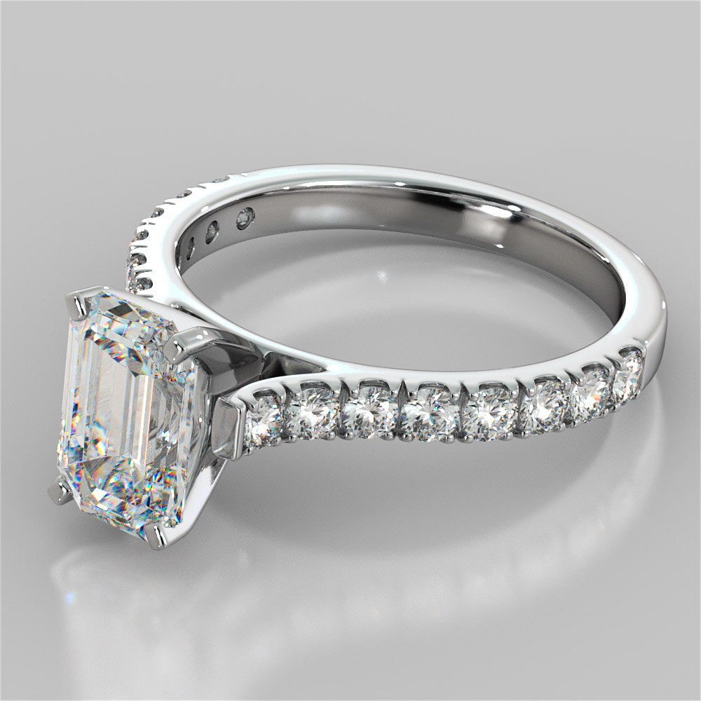 3.0Ct Lab Grown Diamond Emerald Cut Cathedral Scallop Style Engagement Ring With Accents VS1 - E Color