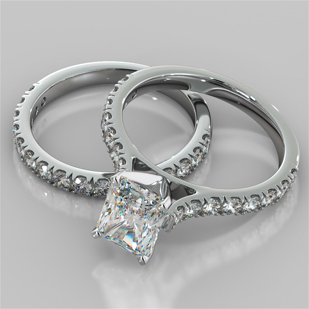 Lab Grown Diamond Radiant Cut Cathedral Scallop Style Engagement Ring With Accents