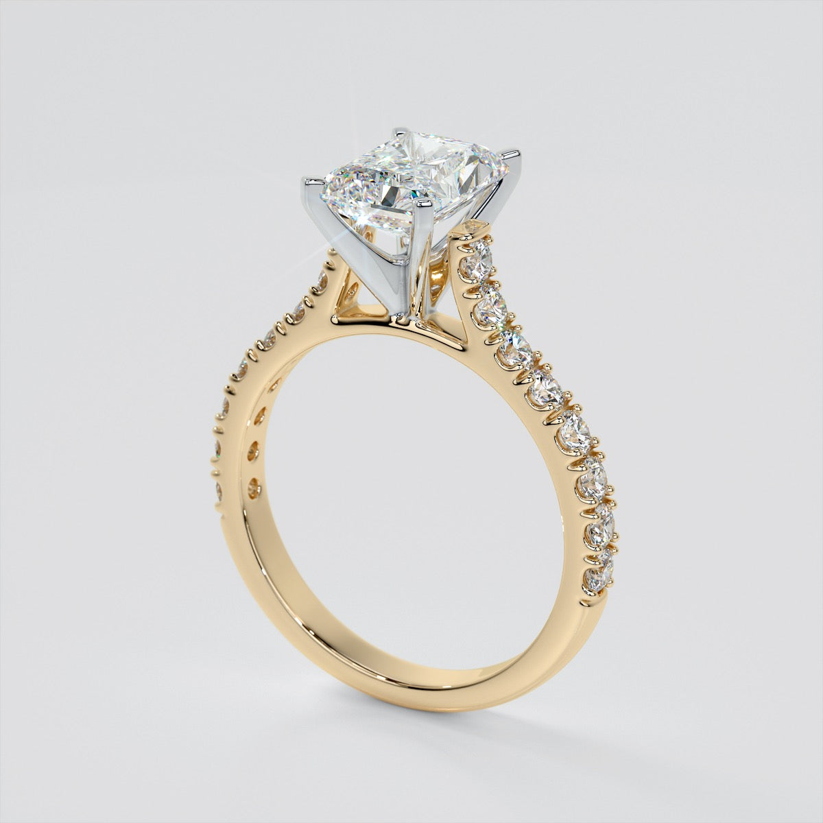 Lab Grown Diamond Radiant Cut Cathedral Scallop Style Engagement Ring With Accents