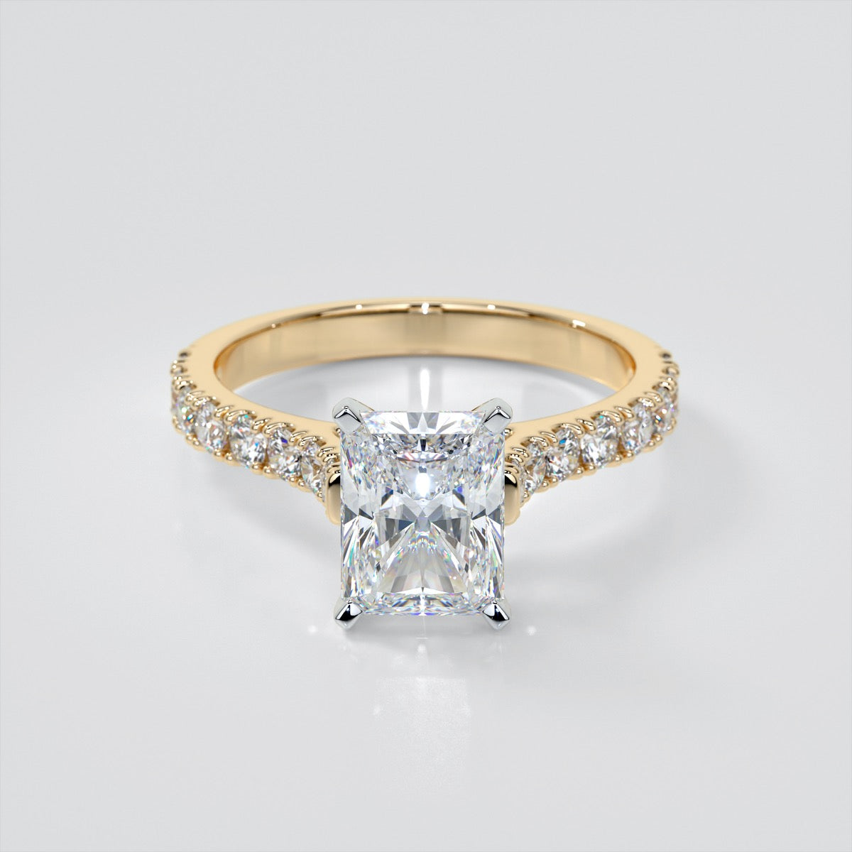 Lab Grown Diamond Radiant Cut Cathedral Scallop Style Engagement Ring With Accents