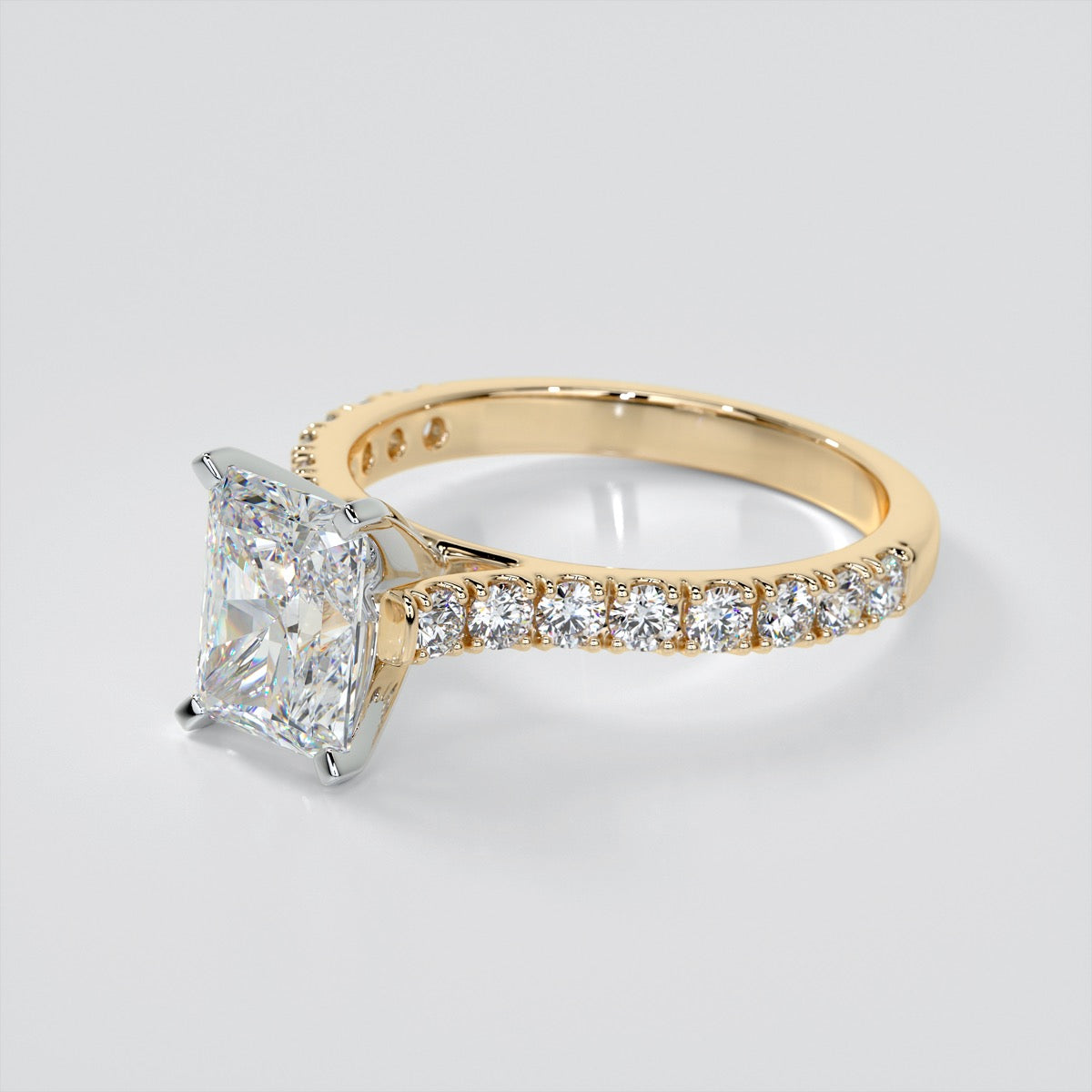 Lab Grown Diamond Radiant Cut Cathedral Scallop Style Engagement Ring With Accents