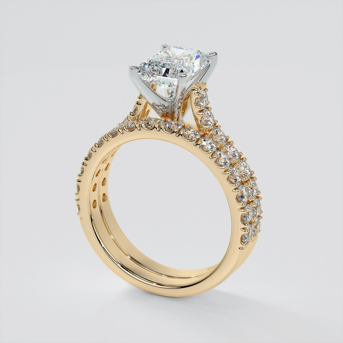 Lab Grown Diamond Radiant Cut Cathedral Scallop Style Engagement Ring With Accents