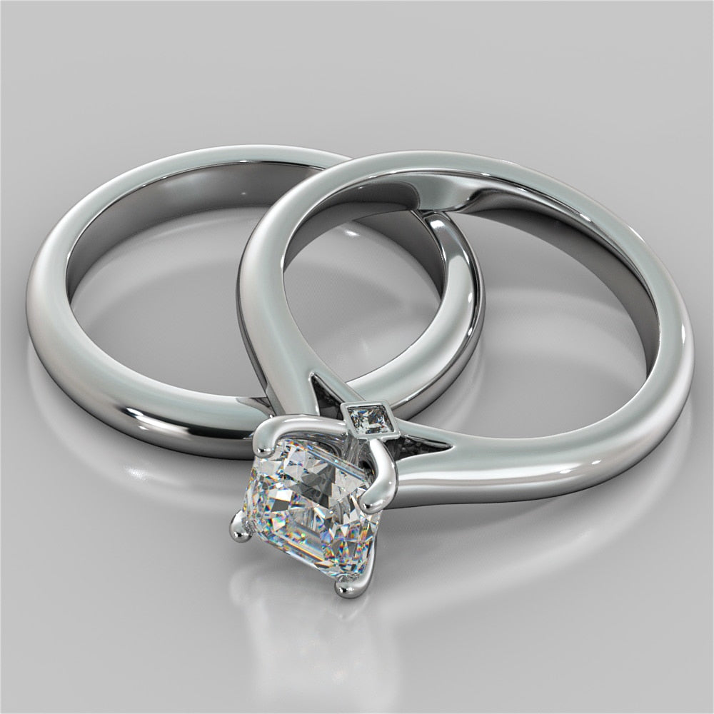 Asscher Cut Cathedral Wedding Set With 2 Matching Bands