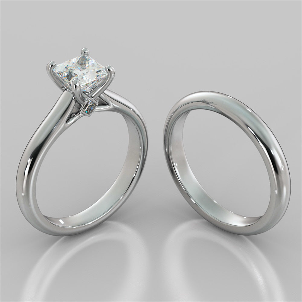 Princess Cut Cathedral Wedding Set With 2 Matching Bands