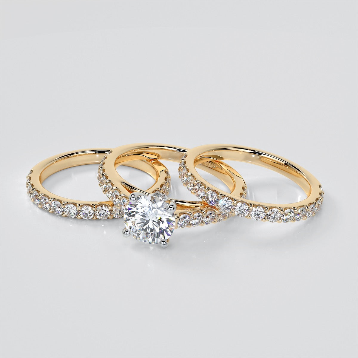 Round Cut Accented Cathedral Style Wedding Set With 2 Matching bands