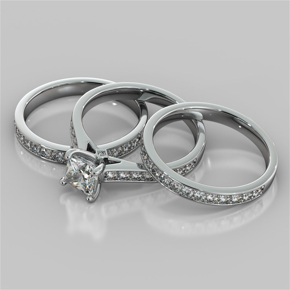 Princess Cut Accented Cathedral Wedding Set With 2 Matching Bands