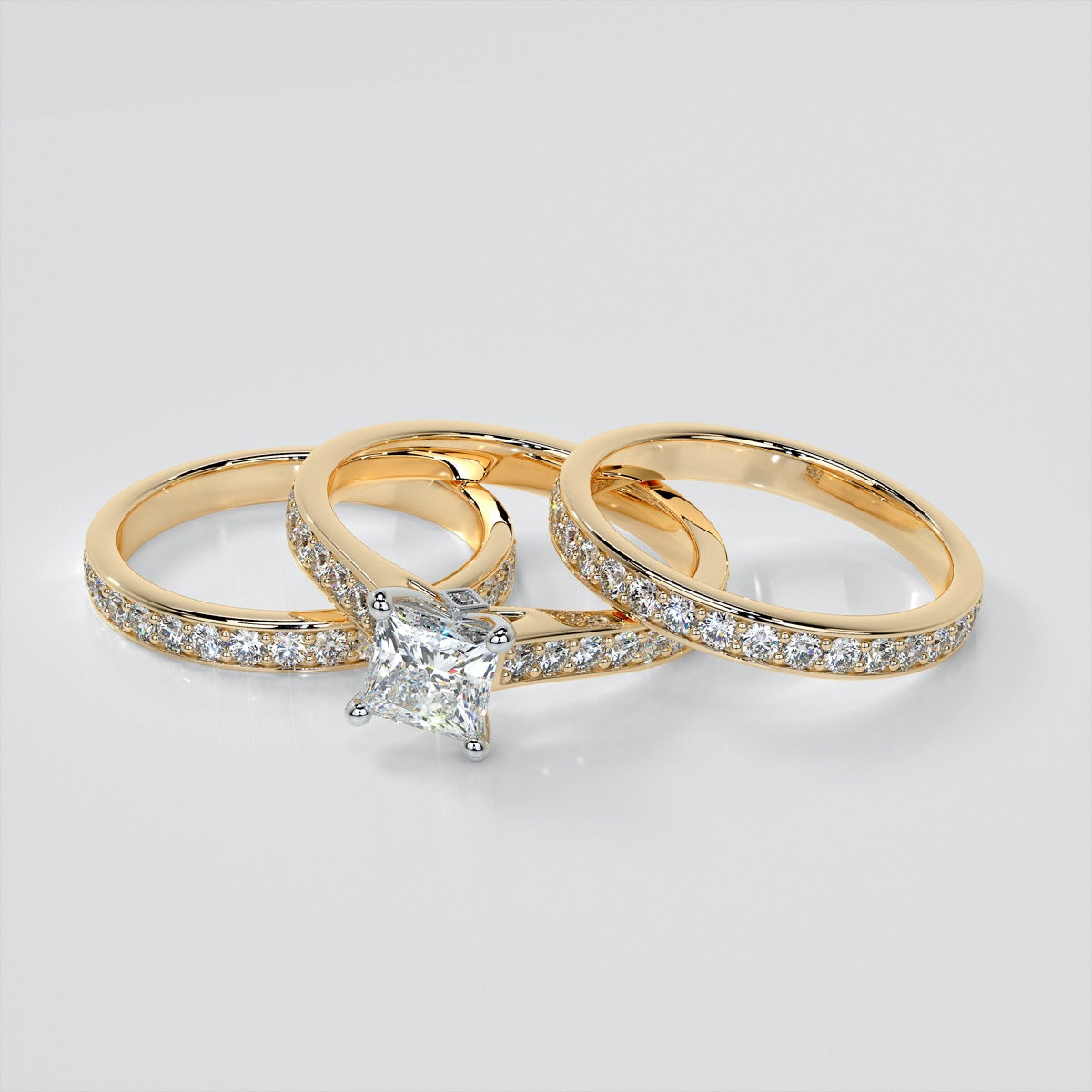 Princess Cut Accented Cathedral Wedding Set With 2 Matching Bands
