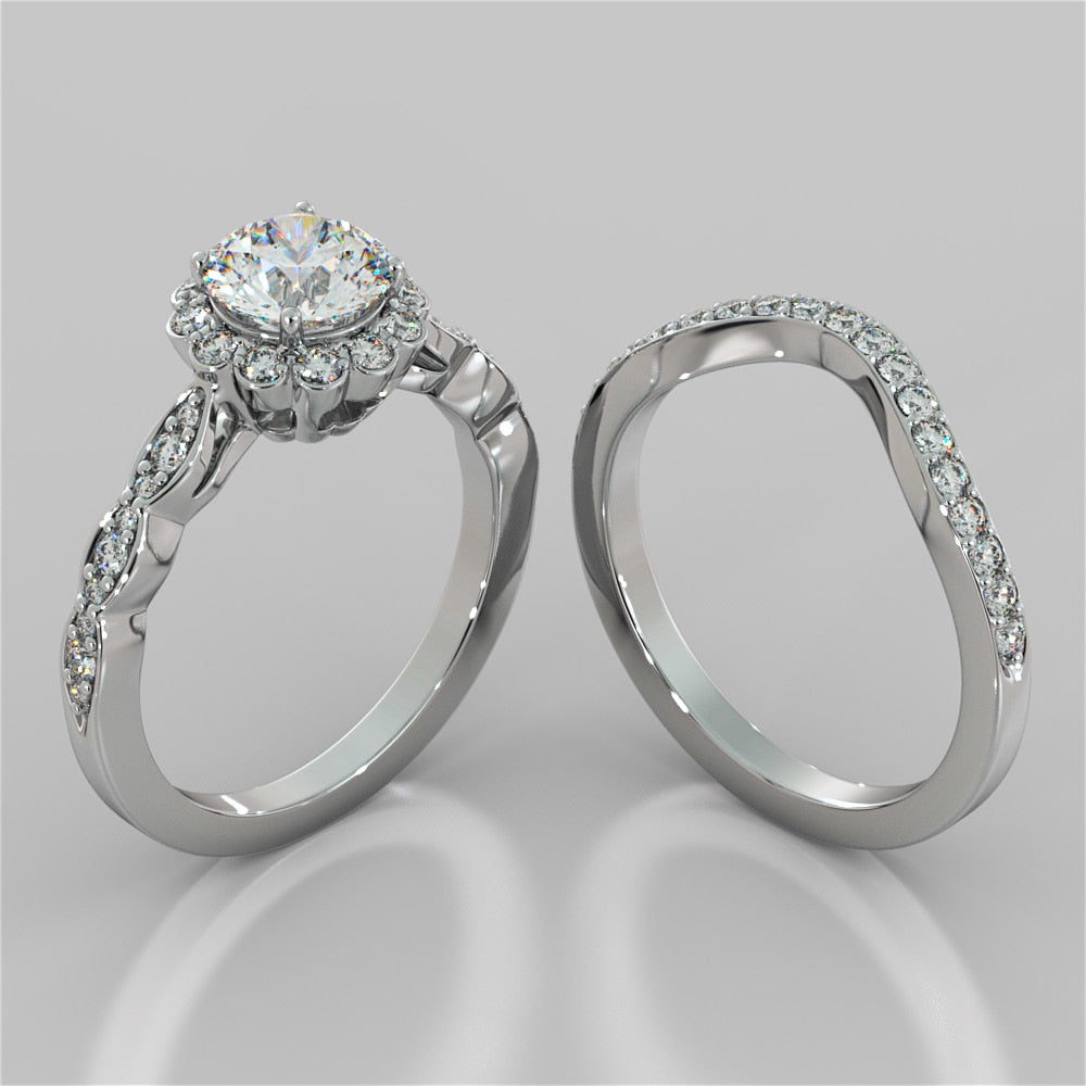 Round Cut Flower Design Wedding Set With 2 Matching Bands