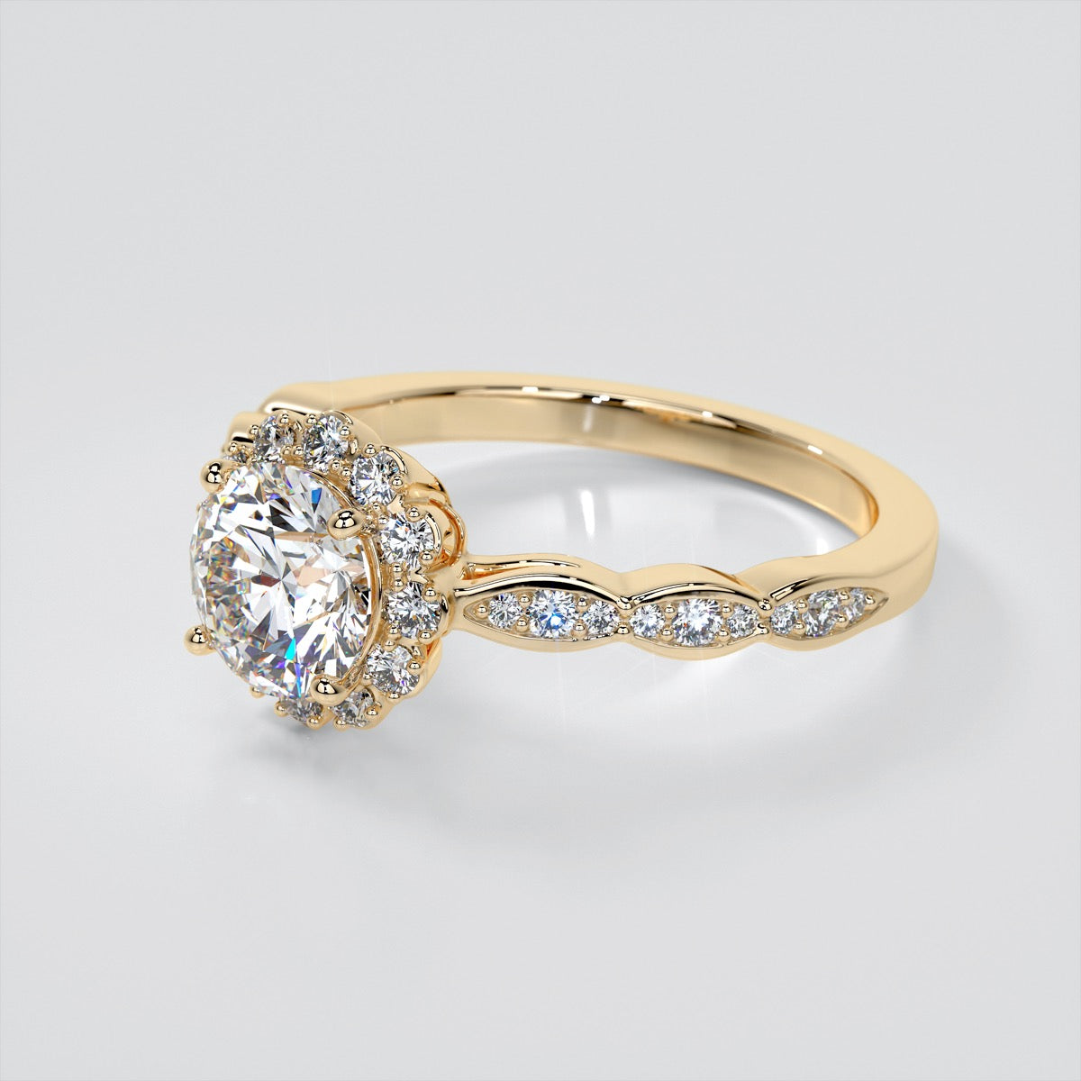 Round Cut Flower Design Wedding Set With 2 Matching Bands
