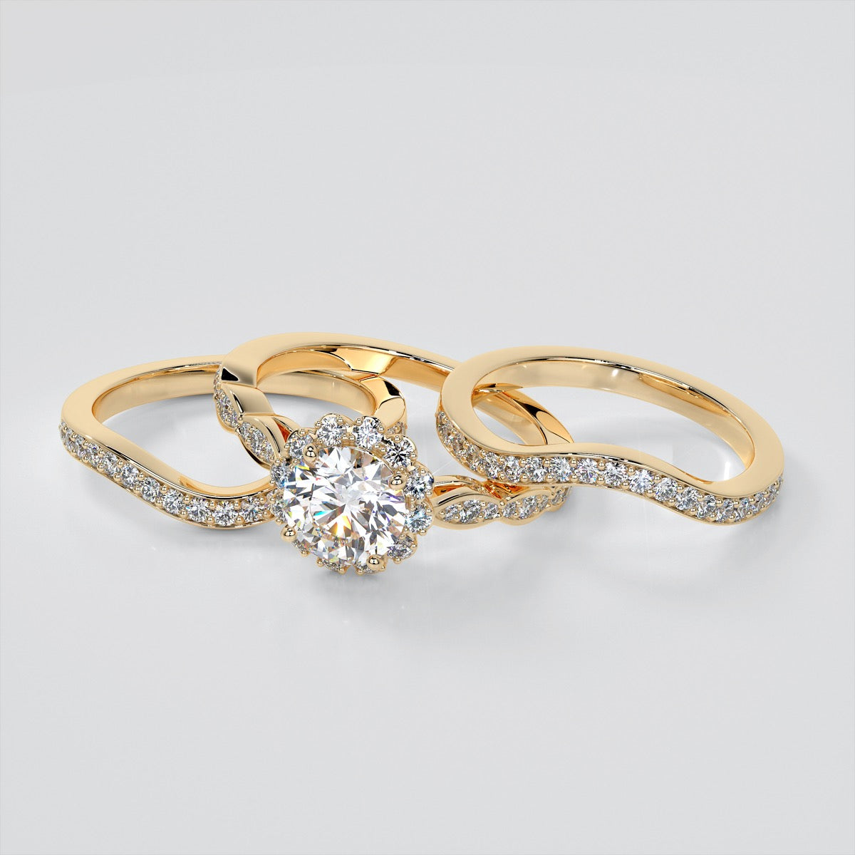 Round Cut Flower Design Wedding Set With 2 Matching Bands