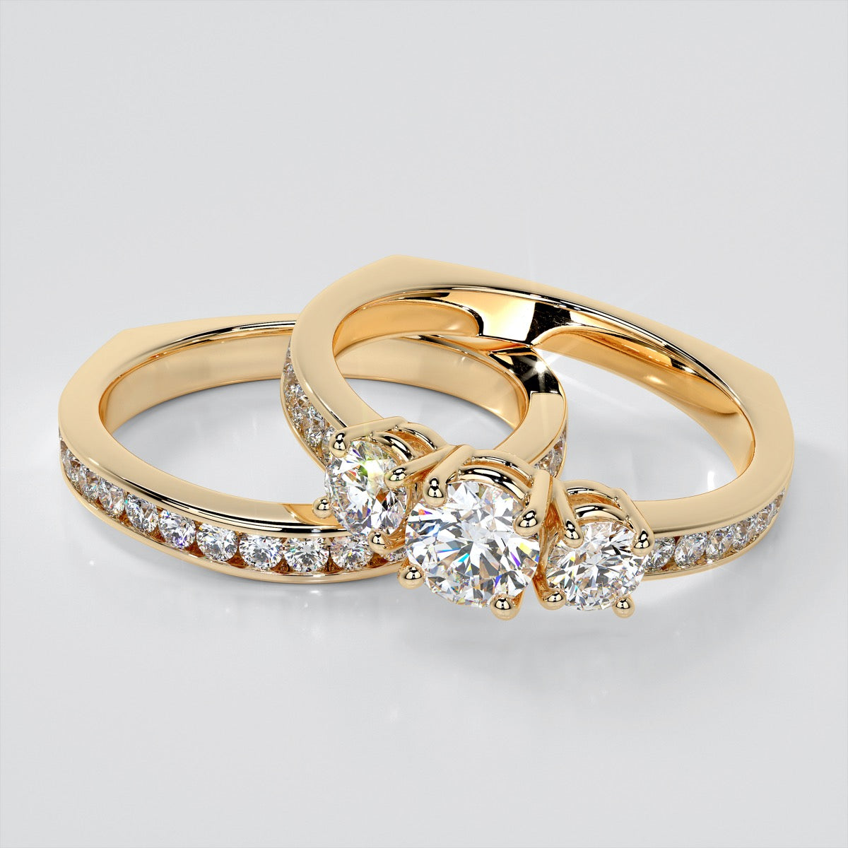 Round Cut Euro Style Three-Stone Wedding Set With Accents