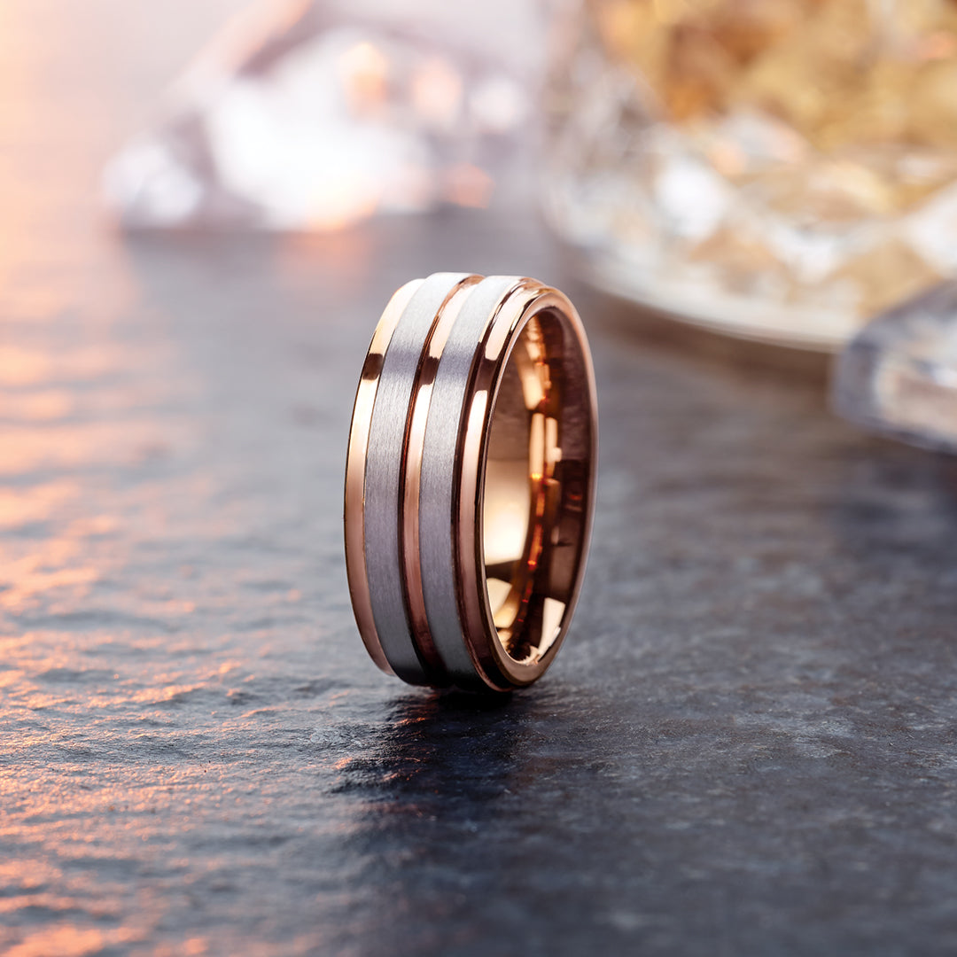 18K Rose Gold PVD Tungsten 8 mm Grooved Band