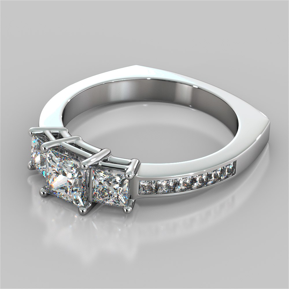 Princess Cut Euro Style Three-Stone Wedding Set With 2 Matching Bands