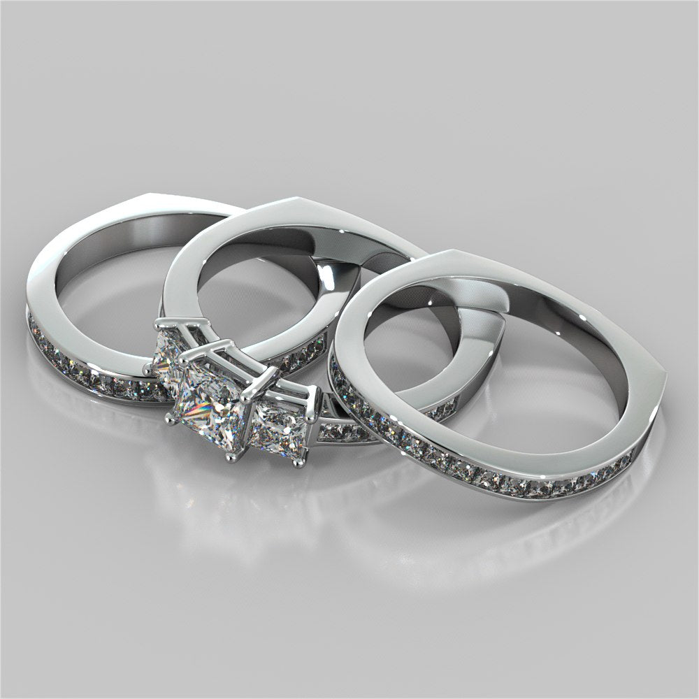 Princess Cut Euro Style Three-Stone Wedding Set With 2 Matching Bands