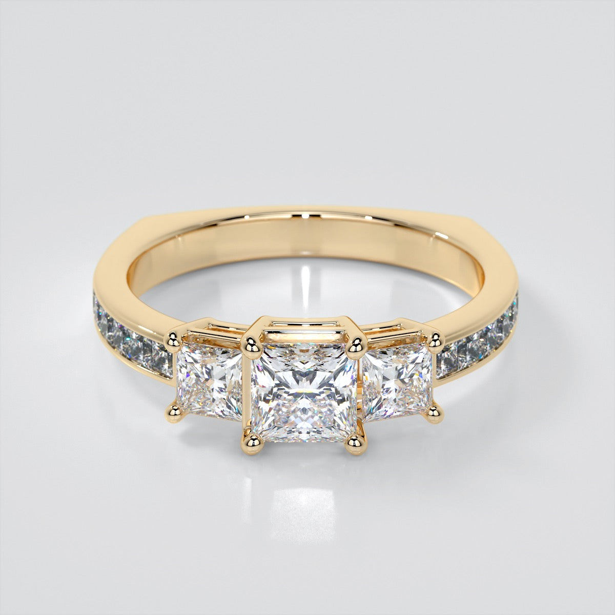 Princess Cut Euro Style Three-Stone Wedding Set With 2 Matching Bands