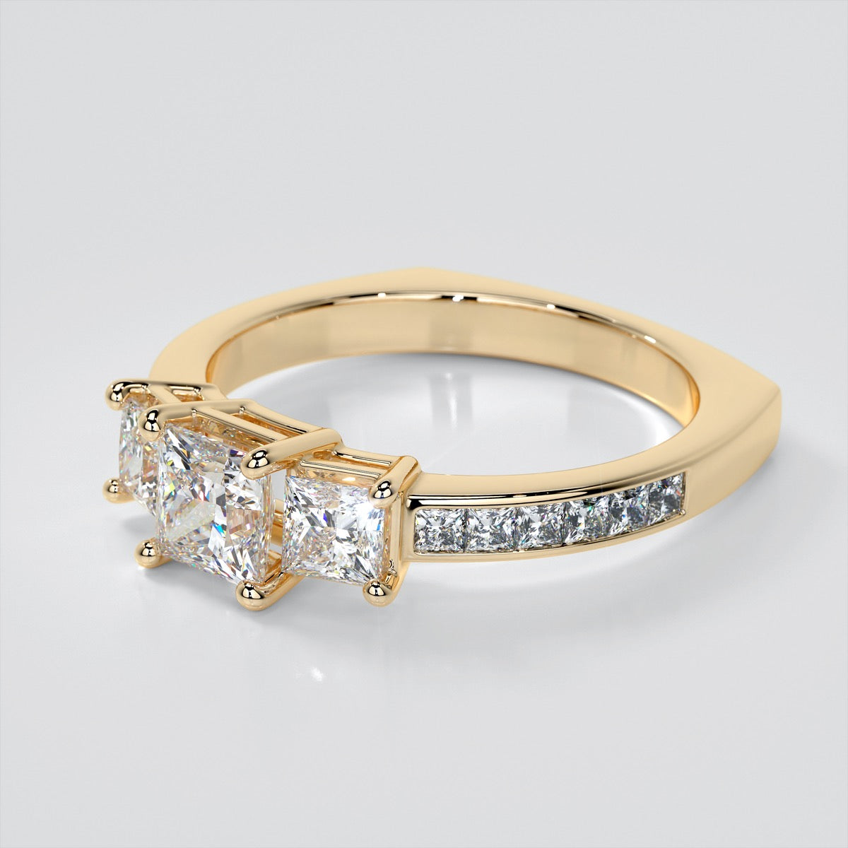 Princess Cut Euro Style Three-Stone Wedding Set With 2 Matching Bands
