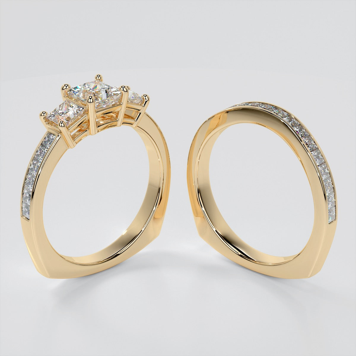 Princess Cut Euro Style Three-Stone Wedding Set With 2 Matching Bands