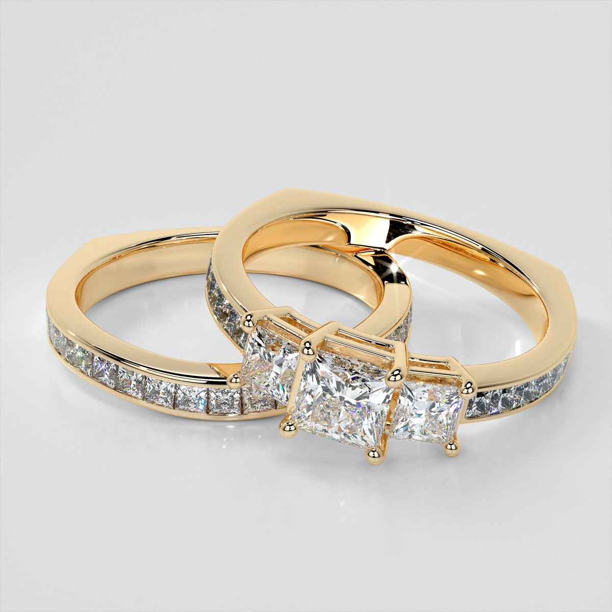 Princess Cut Euro Style Three-Stone Wedding Set With 2 Matching Bands