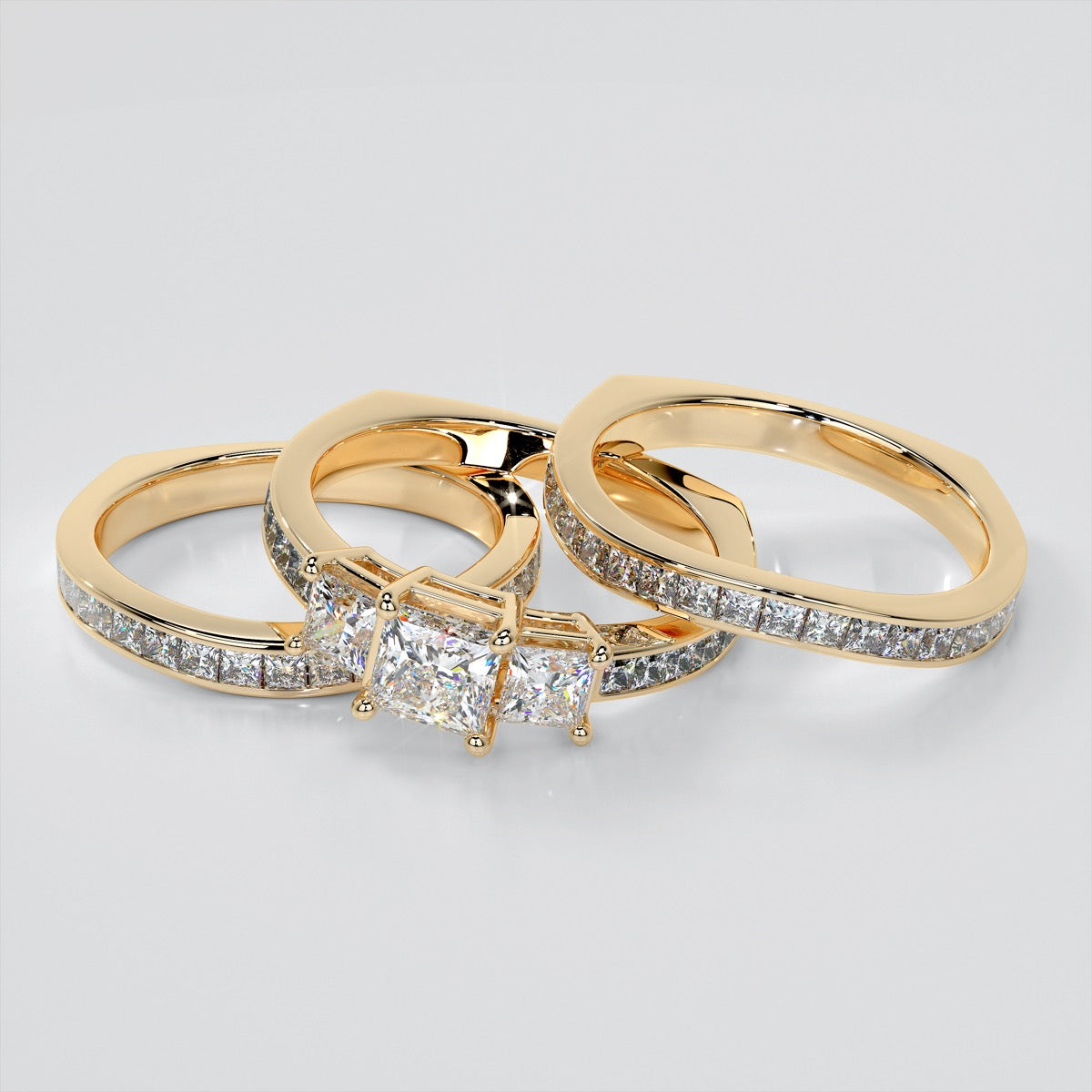 Princess Cut Euro Style Three-Stone Wedding Set With 2 Matching Bands