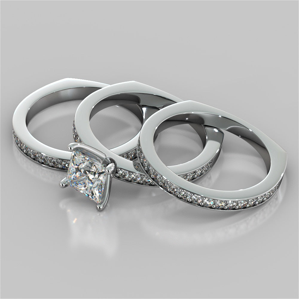 Princess Cut Euro Style Wedding Set With 2 Matching Bands