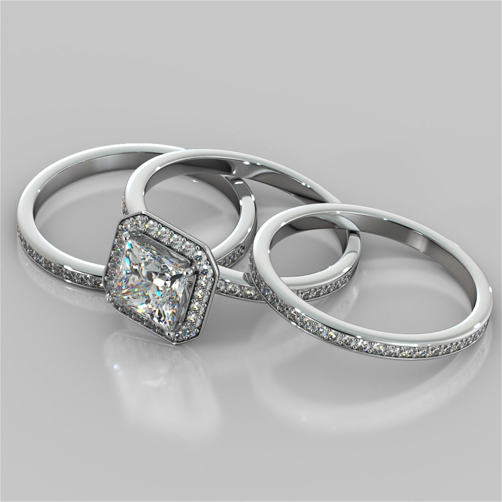 Princess Cut Pavé Style Halo Wedding Set With 2 Matching Bands