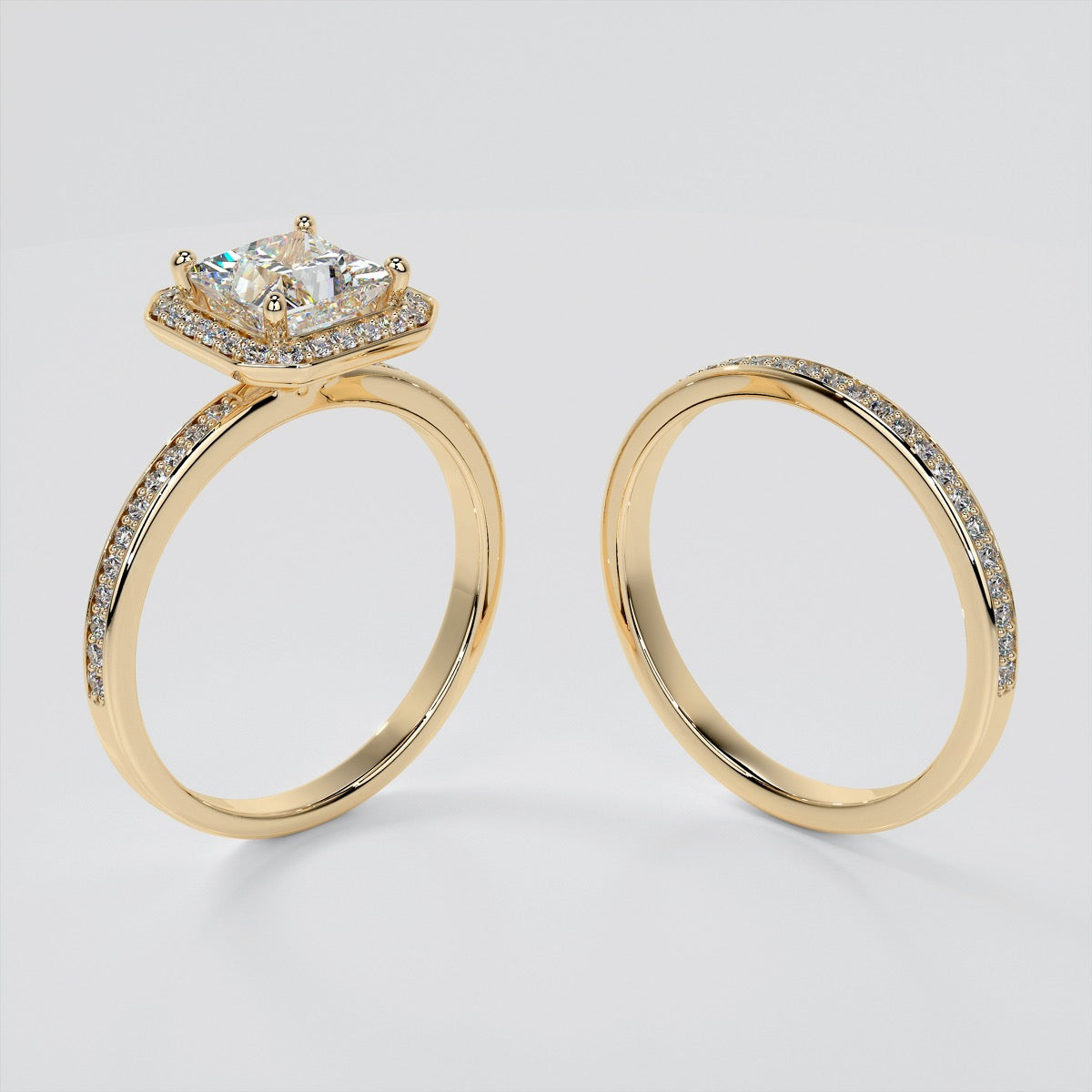 Princess Cut Pavé Style Halo Wedding Set With Accents