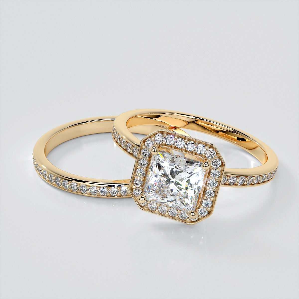 Princess Cut Pavé Style Halo Wedding Set With 2 Matching Bands