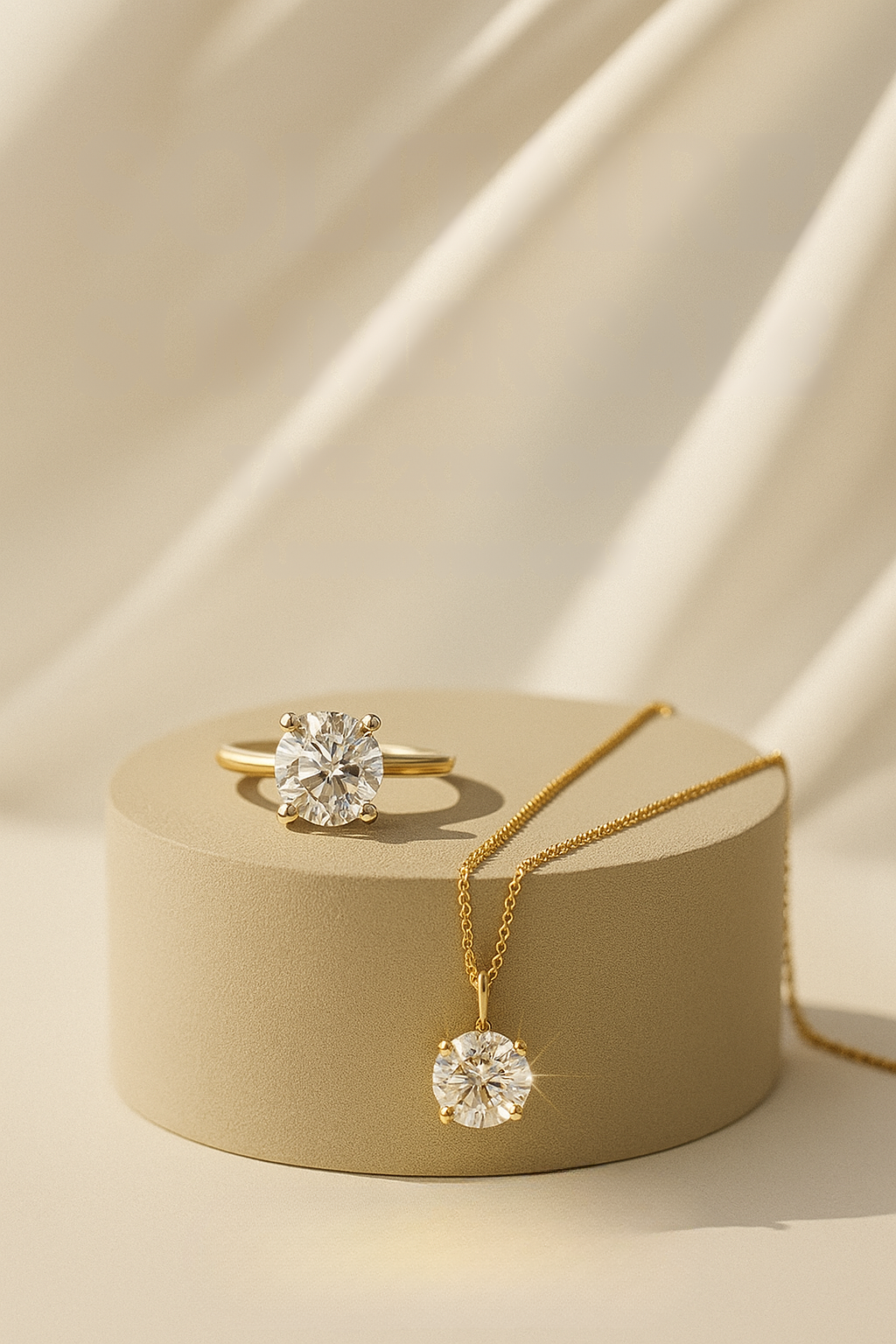 Gold ring and necklace with clear gemstones on a beige stand against a beige background
