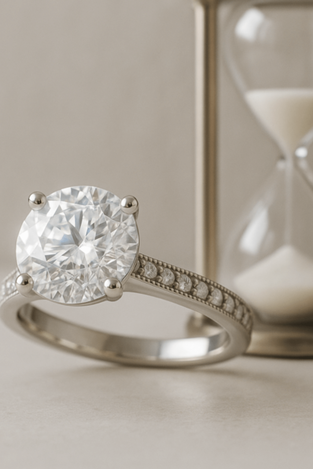 Diamond ring with a sand timer in the background