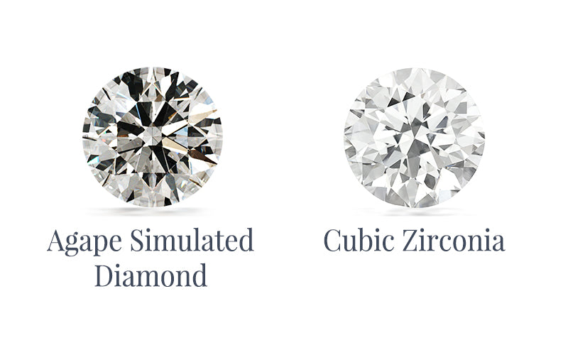 Comparison of Agape Simulated Diamond and Cubic Zirconia on a white background
