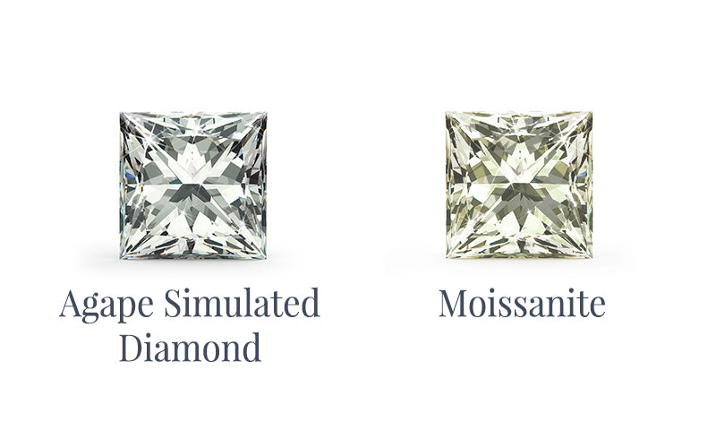 Two square-cut gemstones labeled 'Agape Simulated Diamond' and 'Moissanite' on a white background.