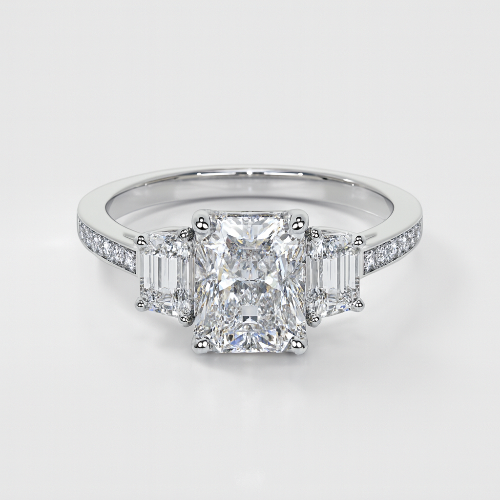 Radiant Cut Three-Stone Engagement Ring With Trapezoids