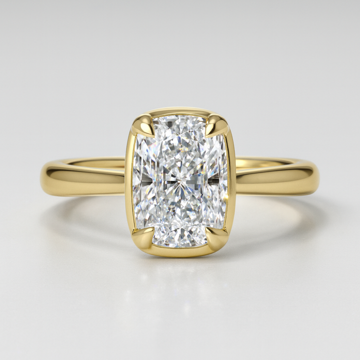 Elongated Cushion Cut Lab Grown Diamond Bezel Set Engagement Ring with Claw Prongs
