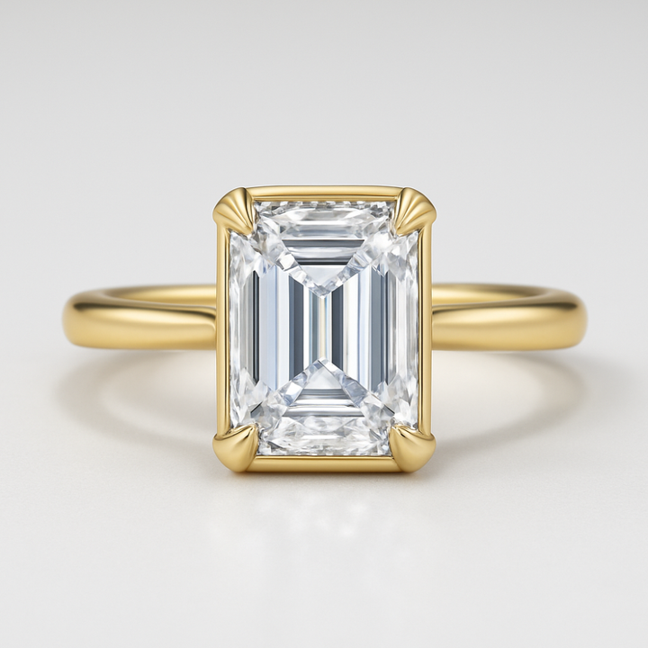 Lab Grown Diamond Bezel Set Emerald Cut Engagement Ring with Claw Prongs