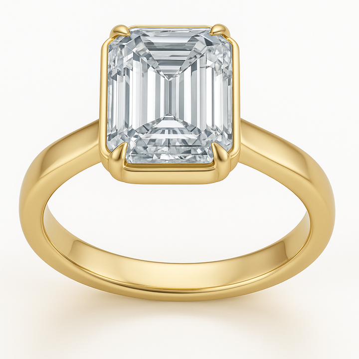 Lab Grown Diamond Bezel Set Emerald Cut Engagement Ring with Claw Prongs